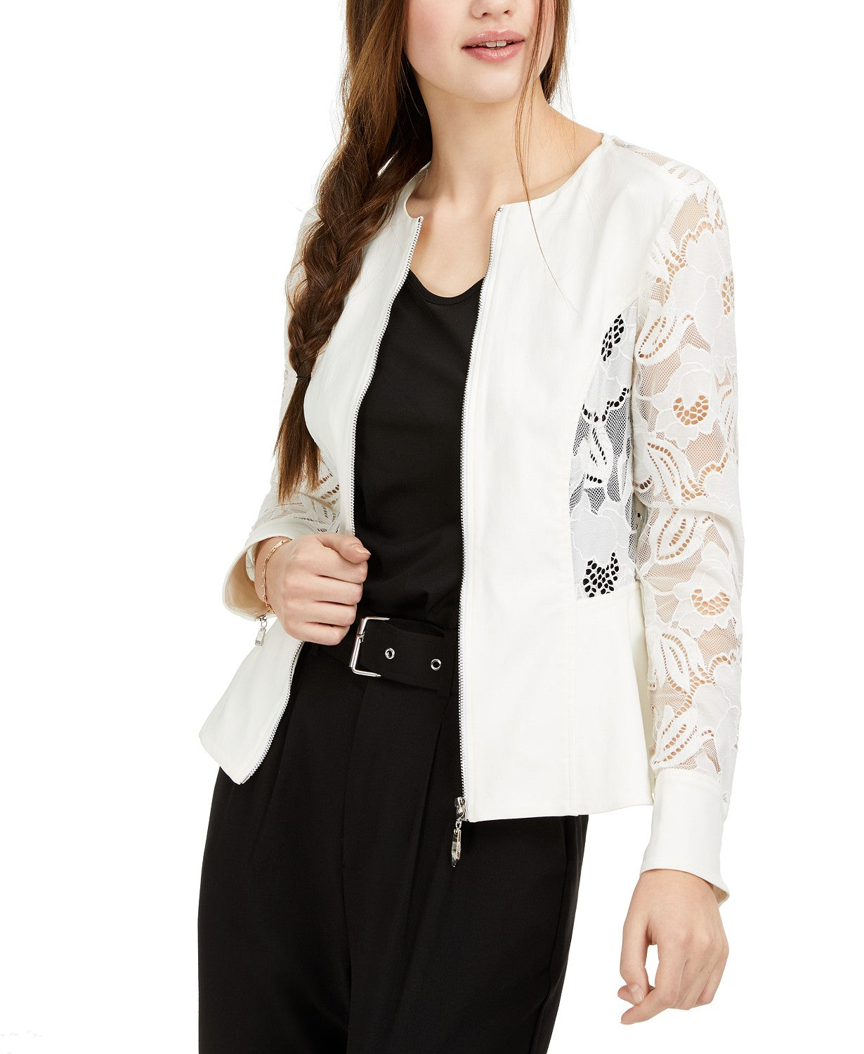 Lace-Trim Peplum Zip Jacket