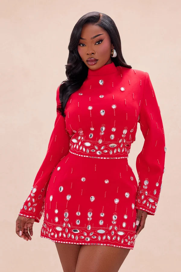 Red Rhinestone Embellished Skirt Set