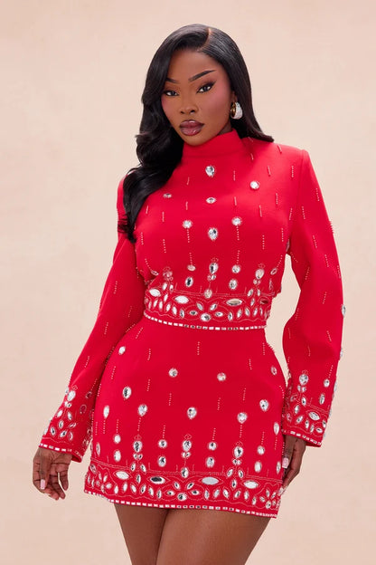 Red Rhinestone Embellished Skirt Set