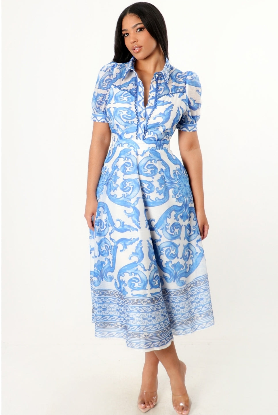 Baroque Print Button Up Dress