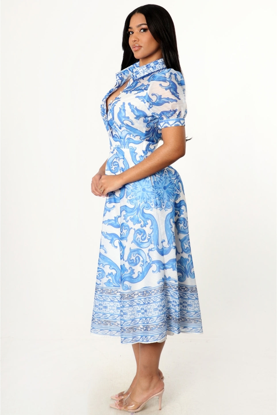Baroque Print Button Up Dress