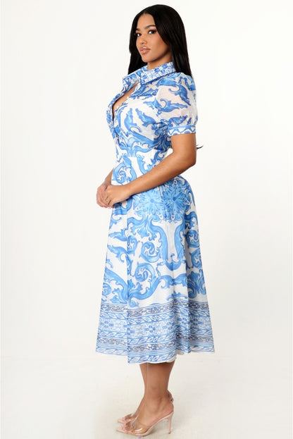 Baroque Print Button Up Dress
