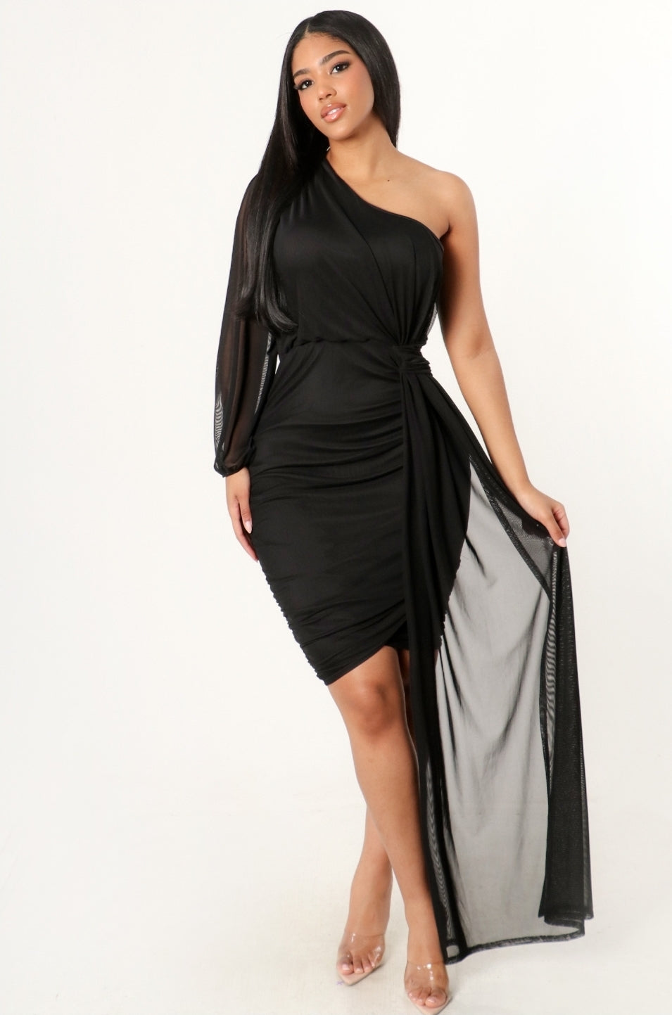 One Shoulder Rusched Midi Dress